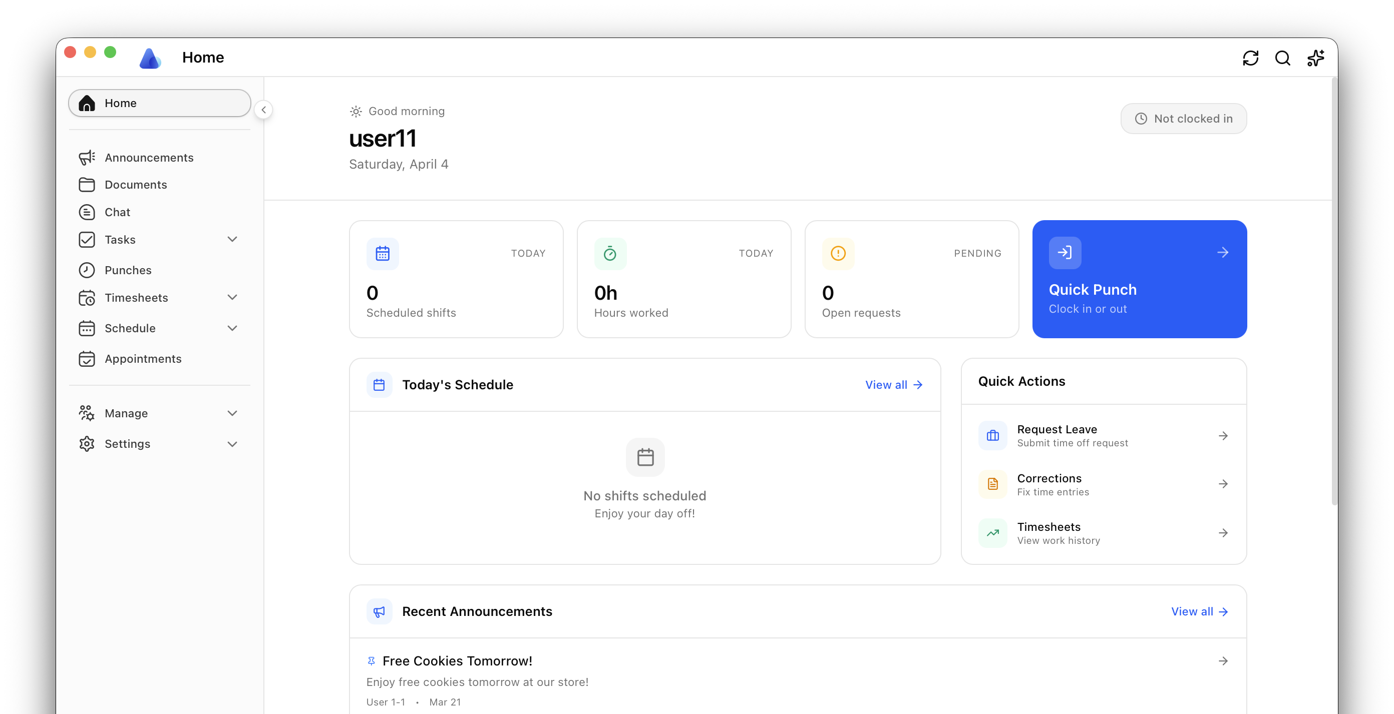 Arbeon dashboard: home view with schedule, hours, quick punch, and announcements