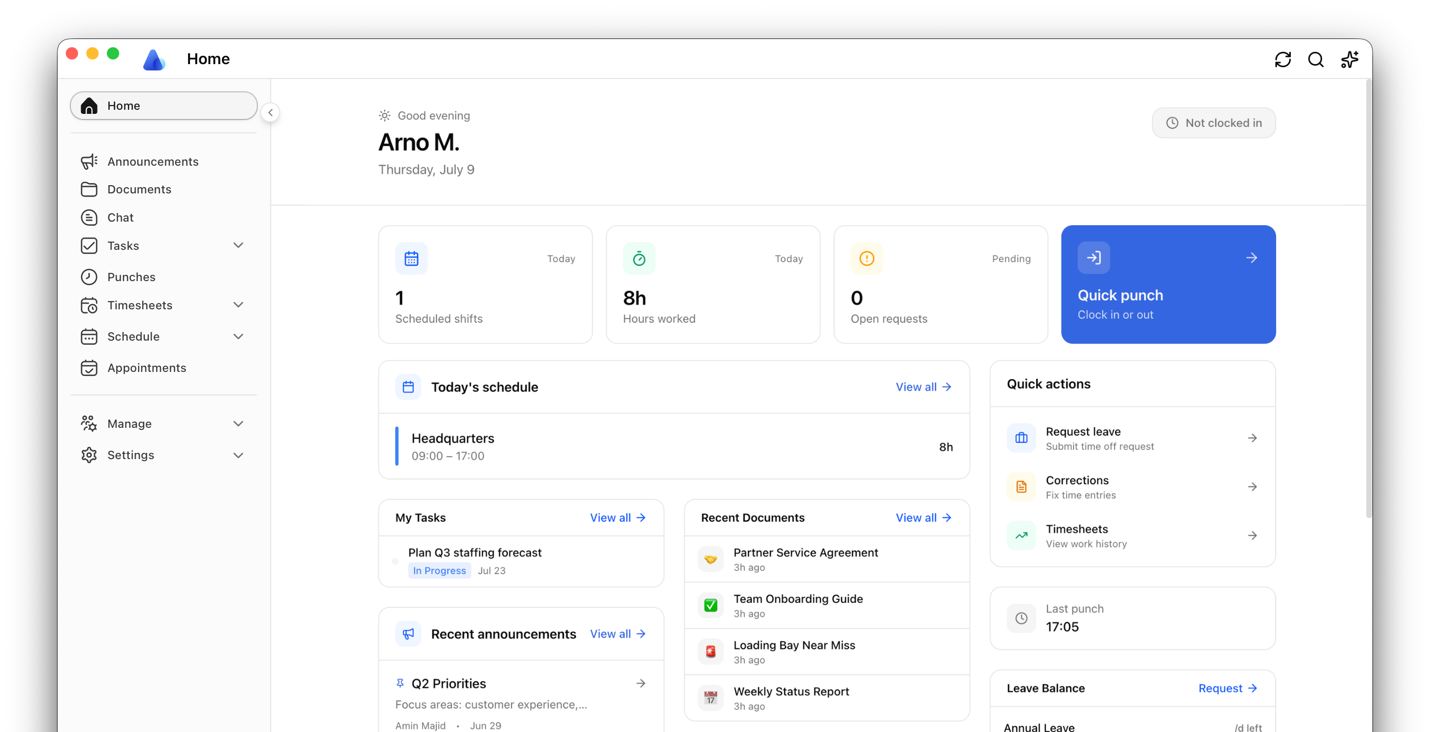 Arbeon dashboard: home view with schedule, hours, quick punch, and announcements