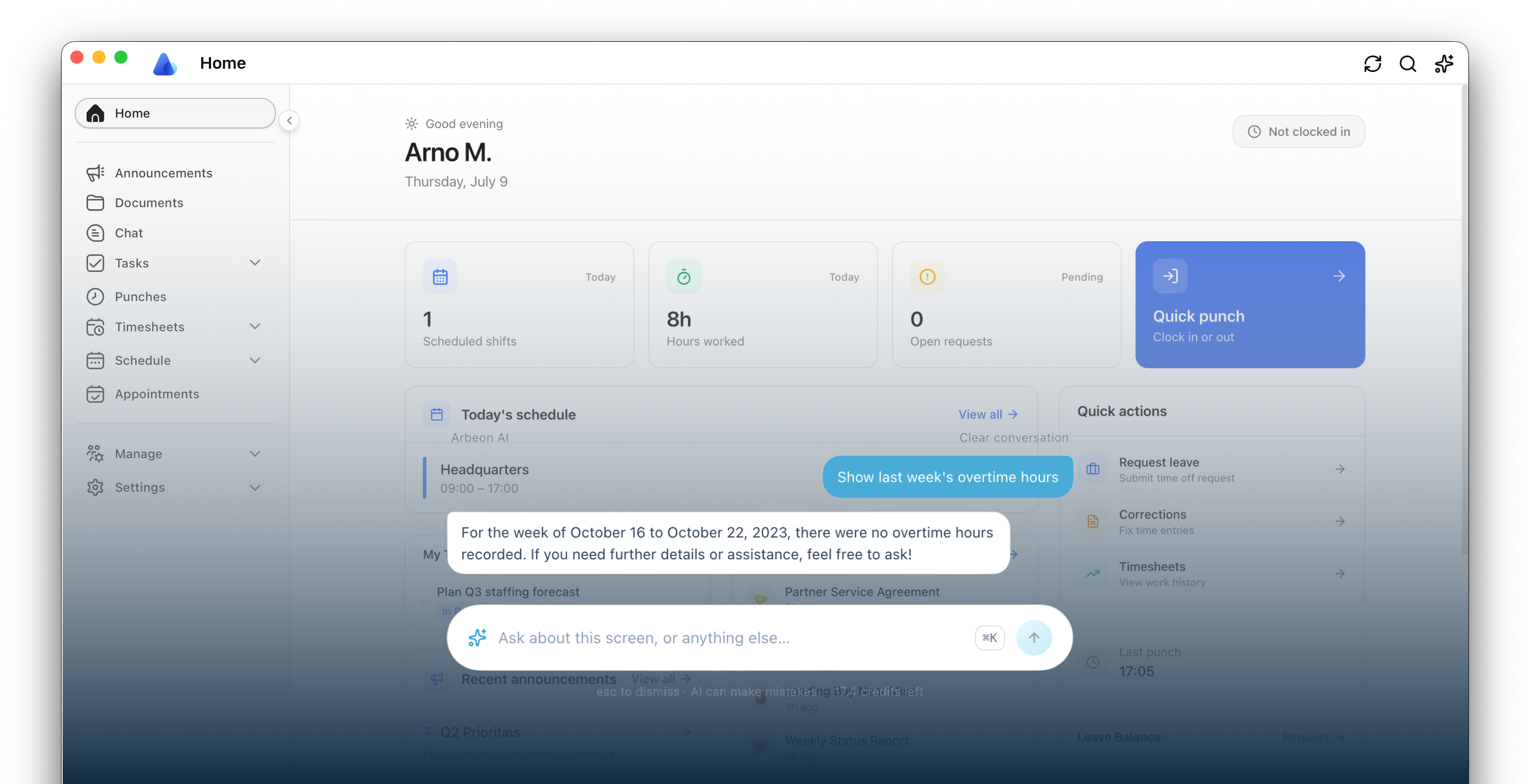 Arbeon AI answering a question about overtime hours directly on the dashboard