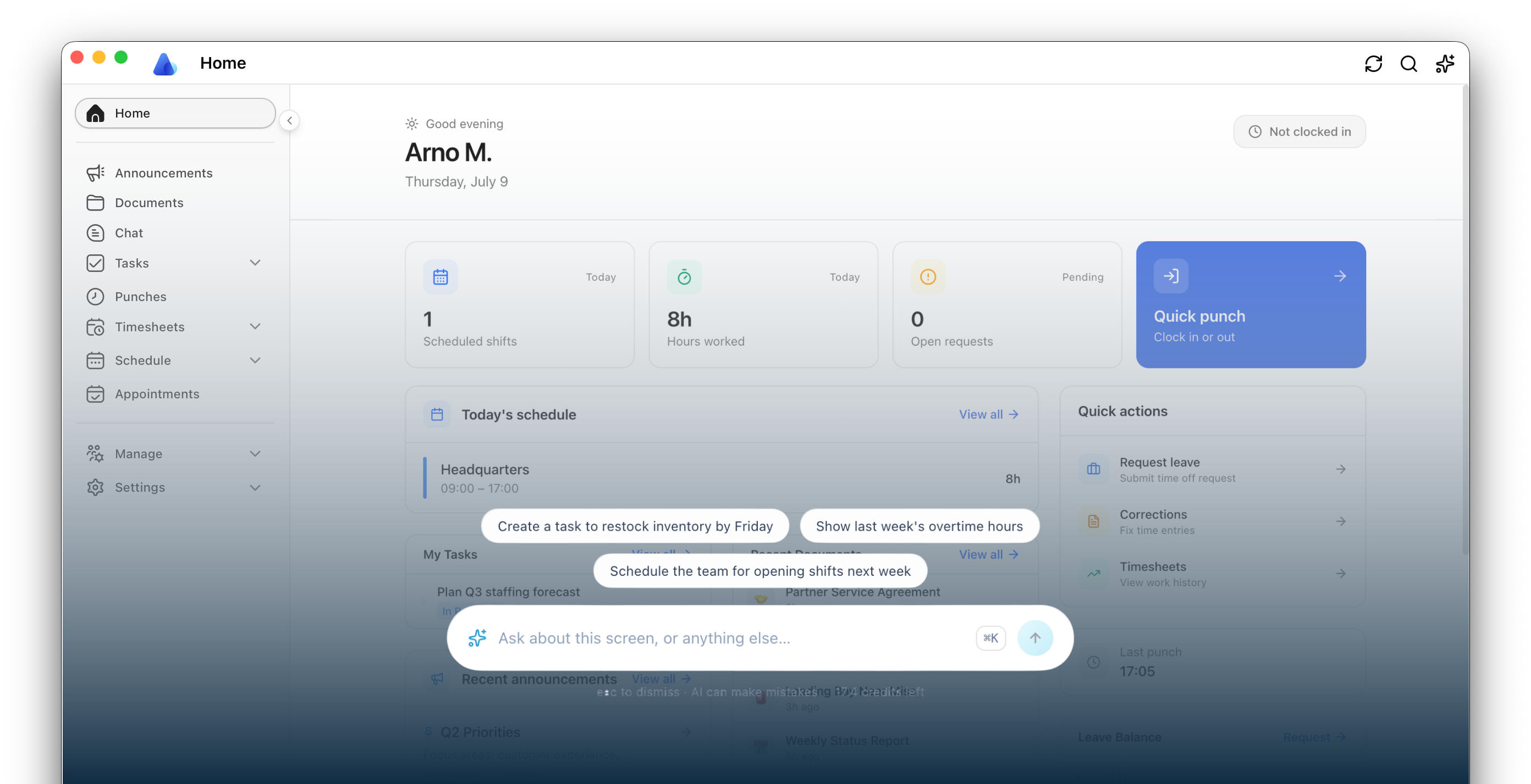Arbeon AI command bar with suggestion chips for tasks, overtime, and scheduling